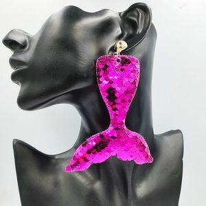 Creative Reflective Sequins Mermaid Tail gold post long Earrings for single ear